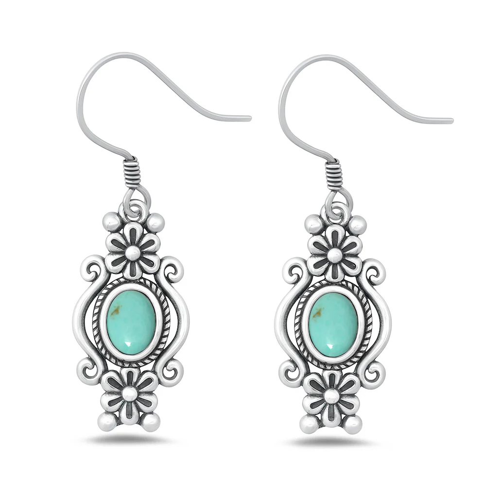Sterling Silver Oxidized Flowers Genuine Turquoise Stone Earrings