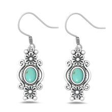 Load image into Gallery viewer, Sterling Silver Oxidized Flowers Genuine Turquoise Stone Earrings