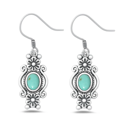 Sterling Silver Oxidized Flowers Genuine Turquoise Stone Earrings