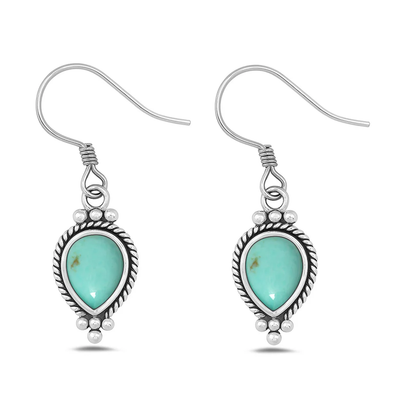 Sterling Silver Oxidized Drop Bali Style Genuine Turquoise Stone Earrings