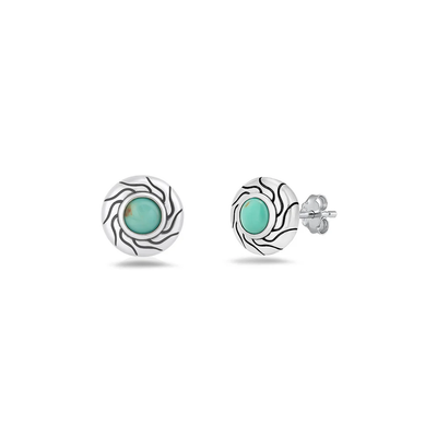 Sterling Silver Oxidized And Polished Swirl Sunburst Genuine Turquoise Stone Earrings