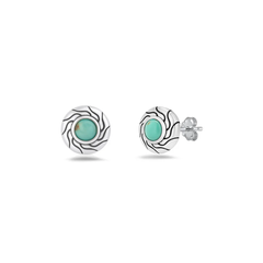 Sterling Silver Oxidized And Polished Swirl Sunburst Genuine Turquoise Stone Earrings