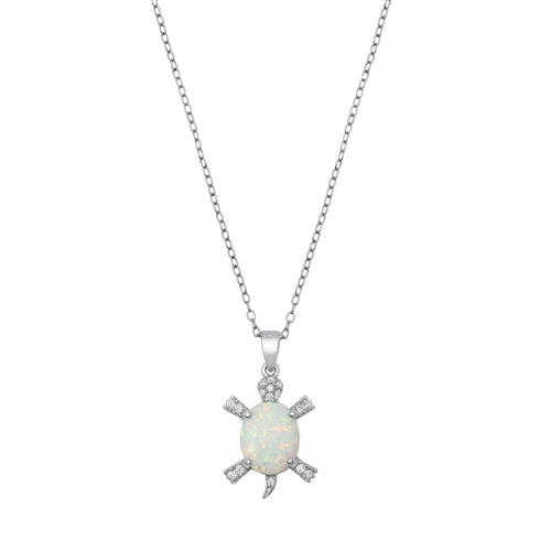 Sterling Silver Rhodium Plated Turtle White Lab Opal And Clear CZ Necklace