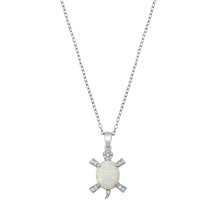Load image into Gallery viewer, Sterling Silver Rhodium Plated Turtle White Lab Opal And Clear CZ Necklace