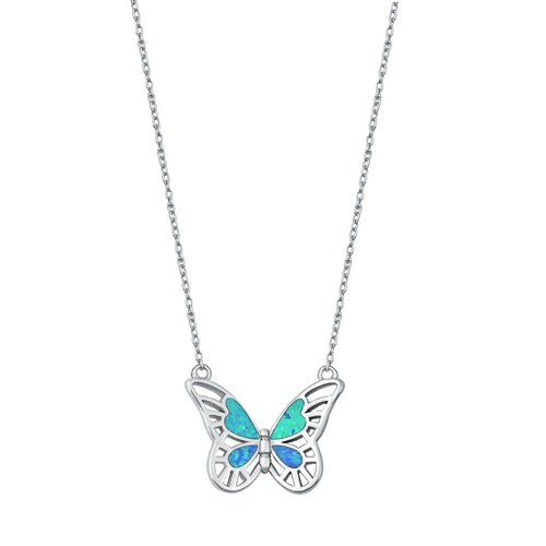 Sterling Silver Rhodium Plated Butterfly Blue Lab Opal Necklace