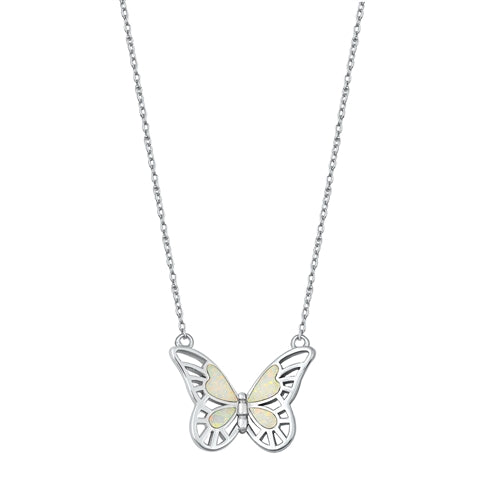 Sterling Silver Rhodium Plated Butterfly White Lab Opal Necklace