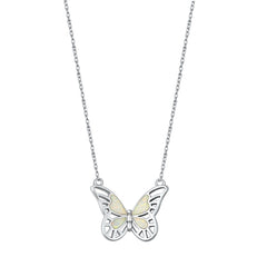 Sterling Silver Rhodium Plated Butterfly White Lab Opal Necklace