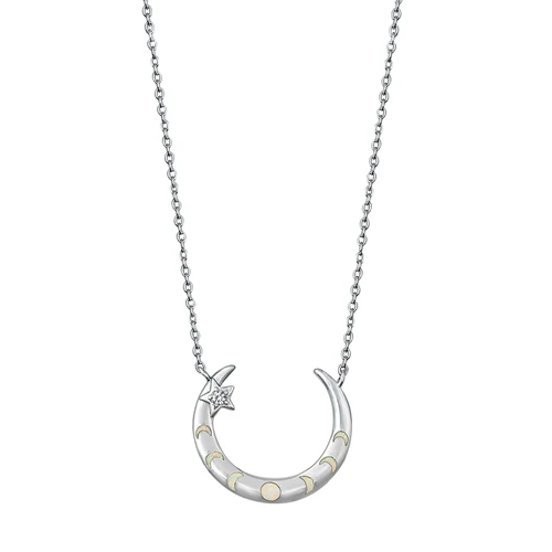Sterling Silver Rhodium Plated Moon Phases White Lab Opal And Clear CZ Necklace
