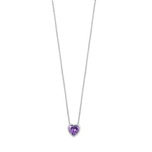 Sterling Silver Rhodium Plated Heart Amethyst CZ Necklace