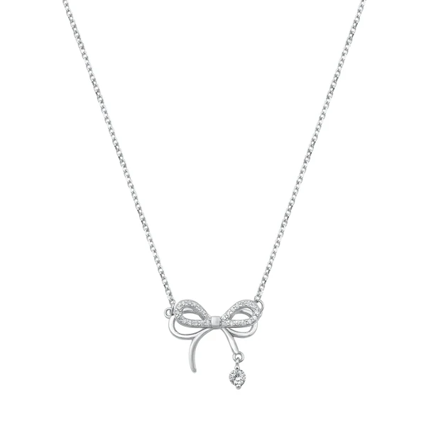 Sterling Silver Rhodium Plated Bow Clear CZ Necklace