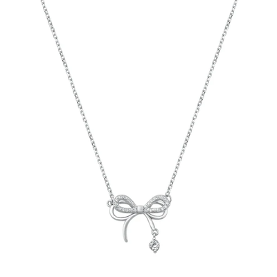 Sterling Silver Rhodium Plated Bow Clear CZ Necklace