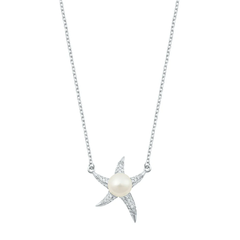 Sterling Silver Starfish And Pearl Clear CZ Necklace