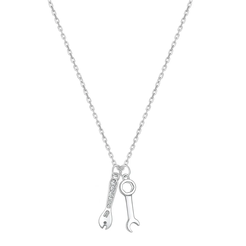 Sterling Silver Rhodium Plated Wrench And Spanner Tool Clear CZ Necklace