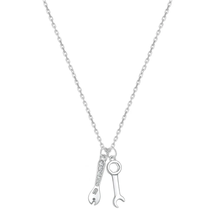 Load image into Gallery viewer, Sterling Silver Rhodium Plated Wrench And Spanner Tool Clear CZ Necklace