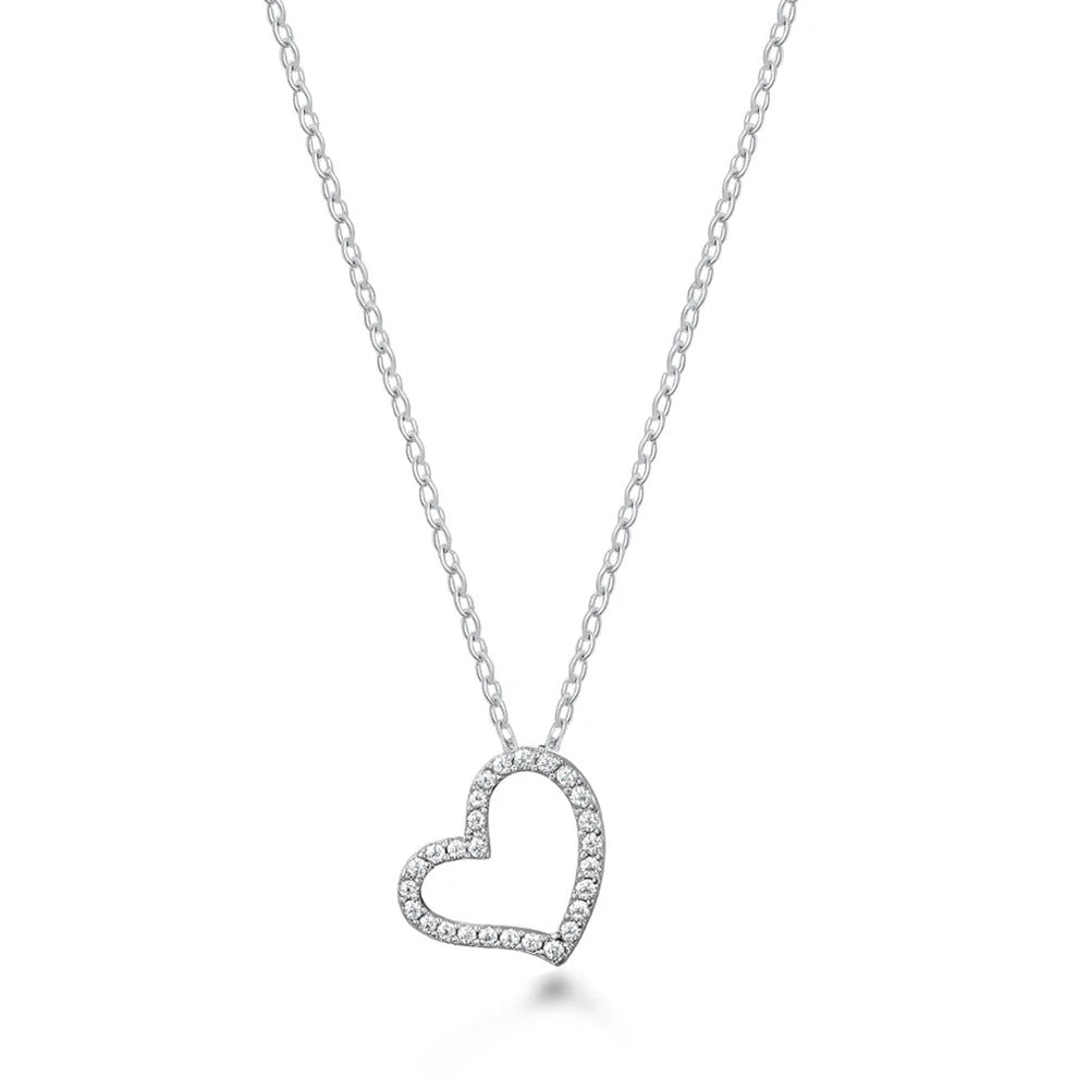 Sterling Silver Rhodium Plated Clear CZ Heart Necklace