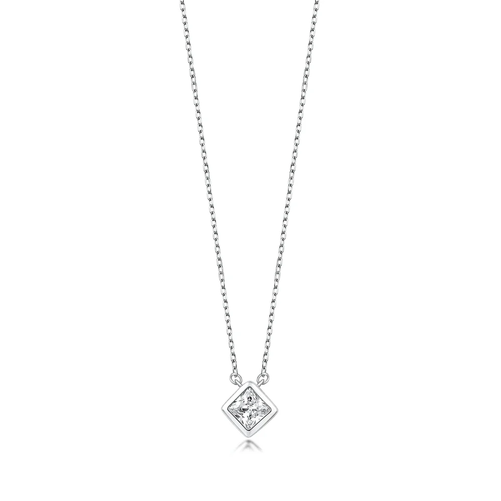 Sterling Silver Rhodium Plated Square Solitaire Clear CZ Necklace