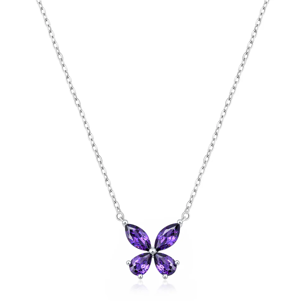 Sterling Silver Rhodium Plated Butterfly Amethyst CZ Necklace