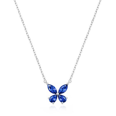 Sterling Silver Rhodium Plated Butterfly Blue Sapphire CZ Necklace