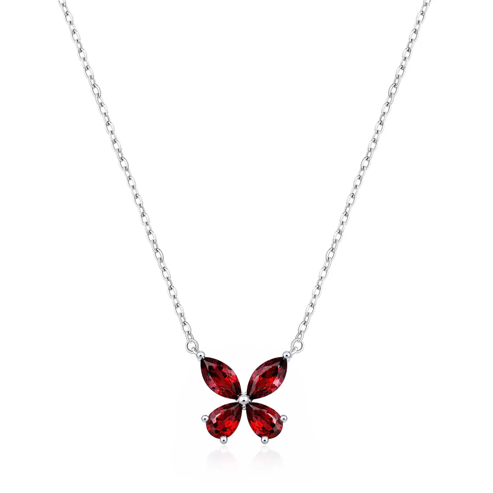 Sterling Silver Rhodium Plated Butterfly Garnet CZ Necklace