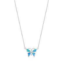 Load image into Gallery viewer, Sterling Silver Rhodium Plated Blue Lab Opal Butterfly Necklace