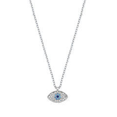 Sterling Silver Rhodium Plated Clear CZ and Blue CZ Evil Eye Necklace