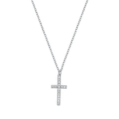 Sterling Silver Rhodium Plated Clear CZ Cross Necklace