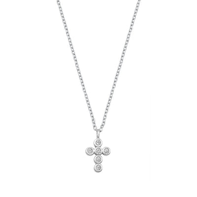 Sterling Silver Rhodium Plated Clear Bezel CZ Cross Necklace