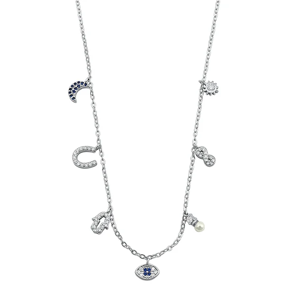 Sterling Silver Rhodium Plated Different Shapes Blue And Clear CZ Necklace