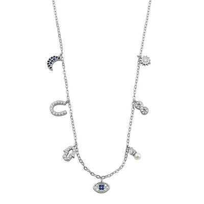 Sterling Silver Rhodium Plated Different Shapes Blue And Clear CZ Necklace