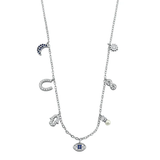 Sterling Silver Rhodium Plated Different Shapes Blue And Clear CZ Necklace