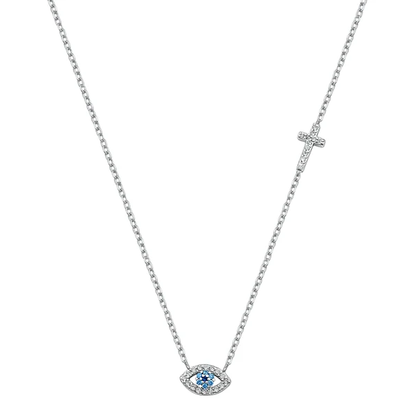 Sterling Silver Rhodium Plated Evil Eye And Cross CZ Necklace