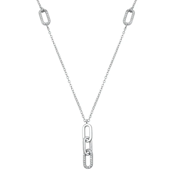 Sterling Silver Rhodium Plated Hook Lock Clear CZ Necklace