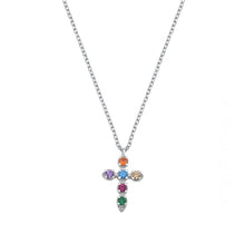 Load image into Gallery viewer, Sterling Silver Rhodium Plated Multi-Colored CZ Cross Necklace