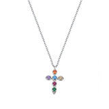 Sterling Silver Rhodium Plated Multi-Colored CZ Cross Necklace