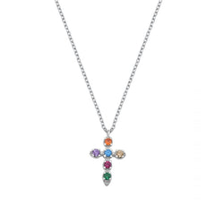 Sterling Silver Rhodium Plated Multi-Colored CZ Cross Necklace