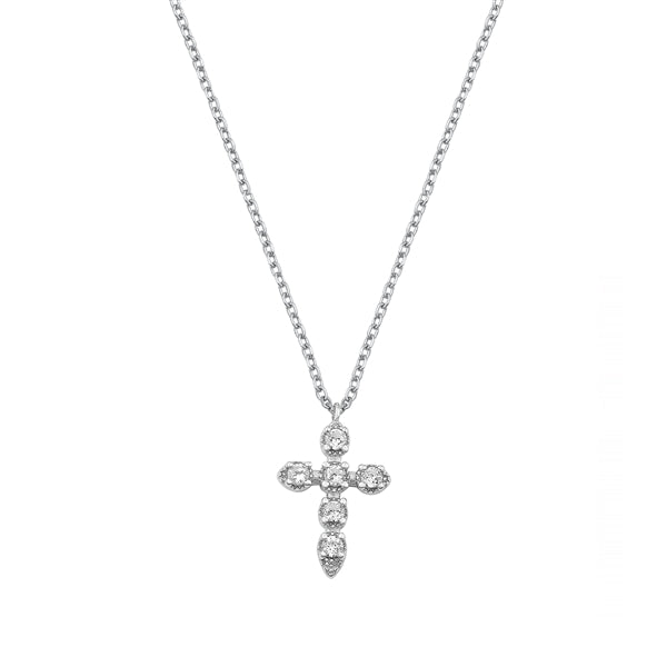 Sterling Silver Rhodium Plated Clear Round CZ Cross Necklace