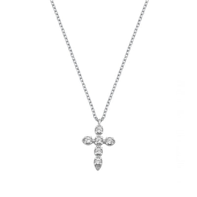 Sterling Silver Rhodium Plated Clear Round CZ Cross Necklace
