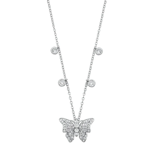 Sterling Silver Rhodium Plated Butterfly Clear CZ Necklace