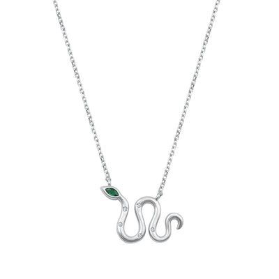 Sterling Silver Rhodium Plated Green and Clear CZ Snake Necklace