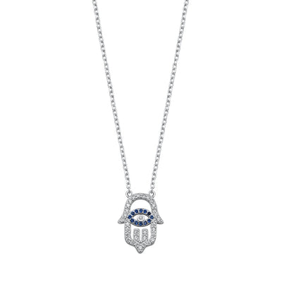 Sterling Silver Rhodium Plated Blue and Clear CZ Hamsa Necklace