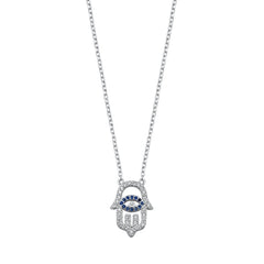 Sterling Silver Rhodium Plated Blue and Clear CZ Hamsa Necklace