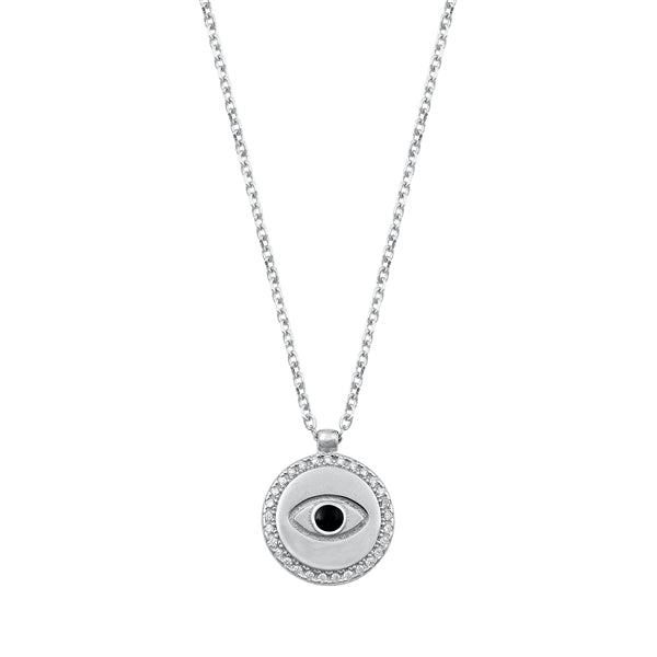 Sterling Silver Rhodium Plated Evil Eye Clear CZ Necklace