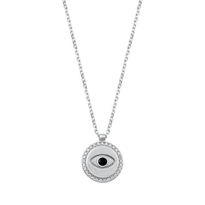 Sterling Silver Rhodium Plated Evil Eye Clear CZ Necklace