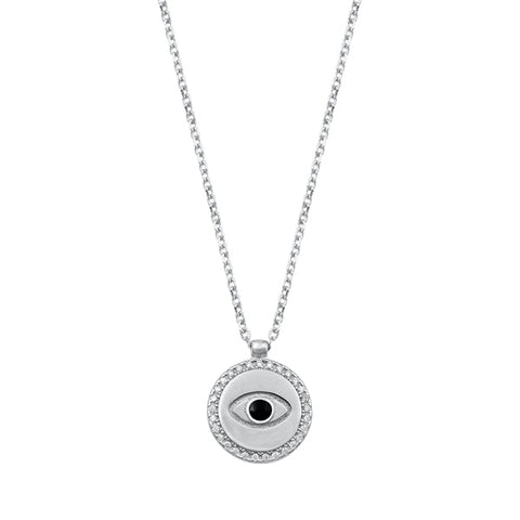 Sterling Silver Rhodium Plated Evil Eye Clear CZ Necklace