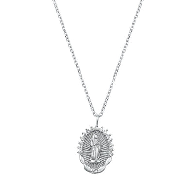 Sterling Silver Rhodium Plated Clear CZ Virgin Mary Necklace-17.5mm