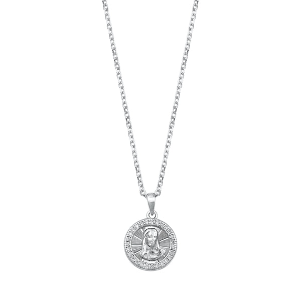 Sterling Silver Rhodium Plated Clear CZ Jesus Necklace