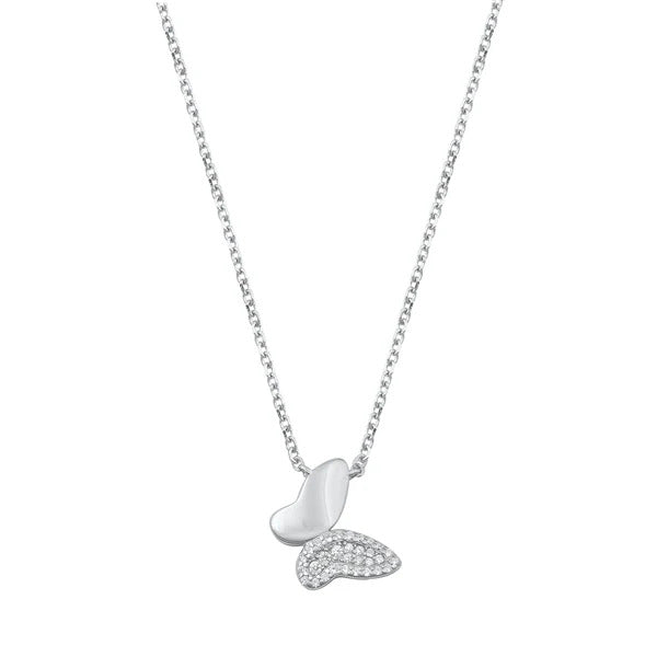 Sterling Silver Rhodium Plated Butterfly Clear CZ Necklace
