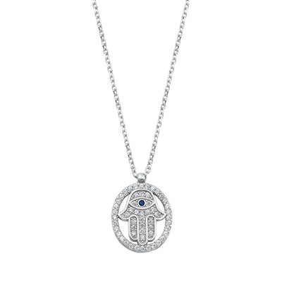 Sterling Silver Rhodium Plated Hamsa Blue And Clear CZ Necklace