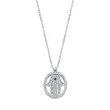 Sterling Silver Rhodium Plated Hamsa Blue And Clear CZ Necklace