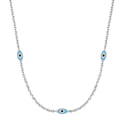 Sterling Silver Rhodium Plated Light Blue Evil Eye Necklace-3mm